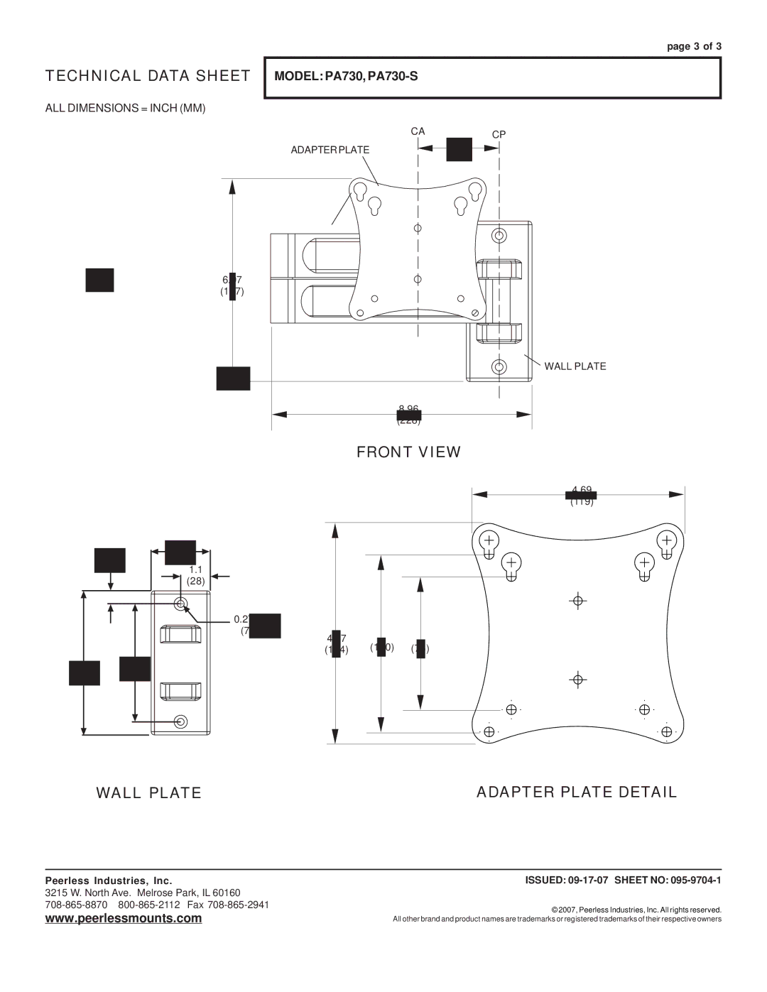 Peerless Industries PA730-S dimensions Wall Plate, Adapter Plate Detail 