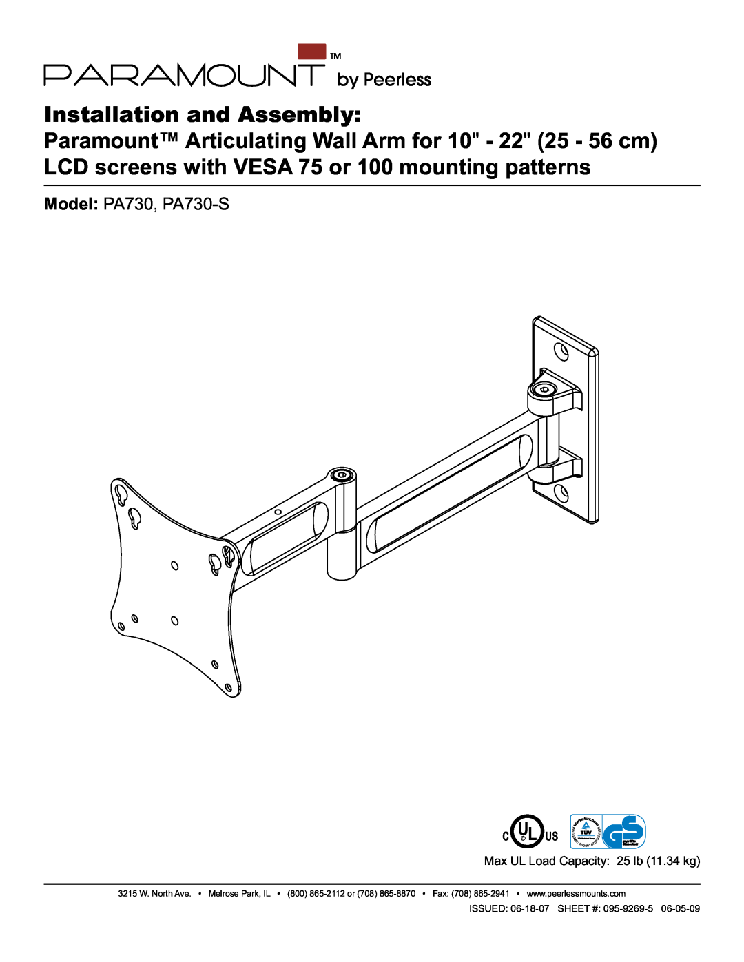 Peerless Industries PA730-S manual Installation and Assembly, Paramount Articulating Wall Arm for 10 - 22 25 - 56 cm, 0018 