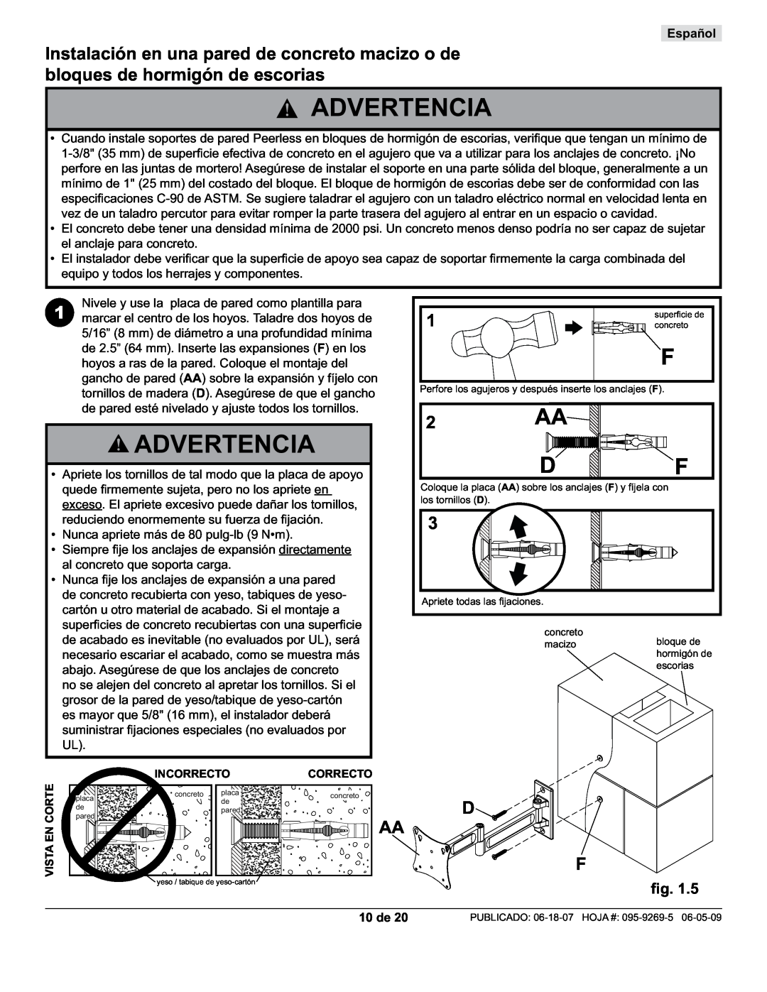 Peerless Industries PA730-S manual 10 de, Advertencia, Español, Nivele y use la placa de pared como plantilla para 