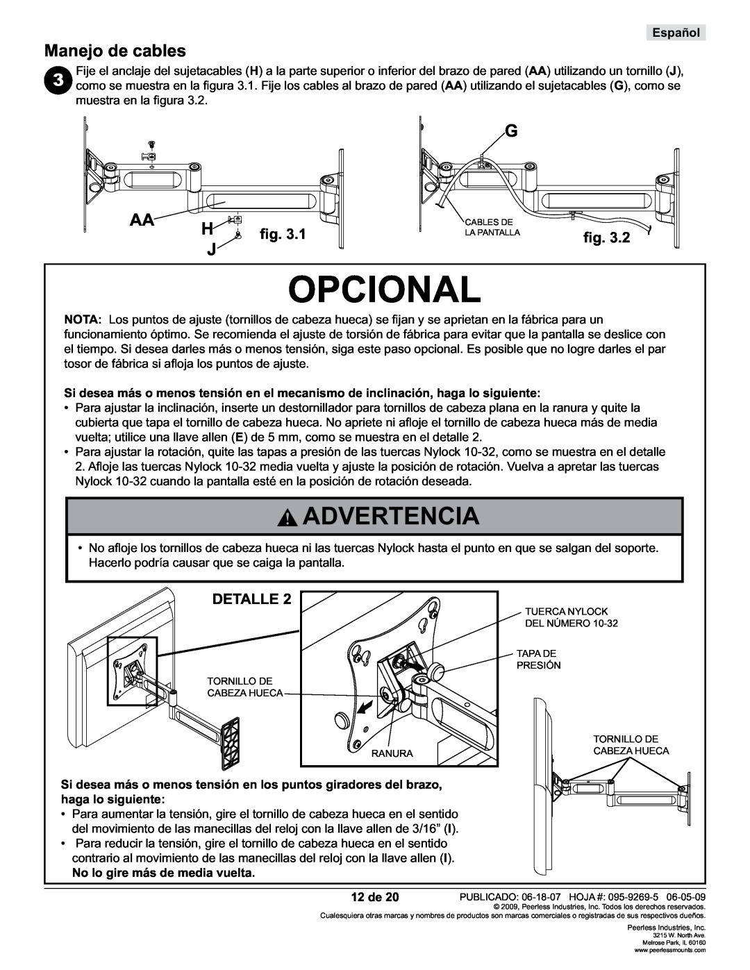 Peerless Industries PA730 Opcional, Manejo de cables, Detalle, No lo gire más de media vuelta, 12 de, Advertencia, Español 
