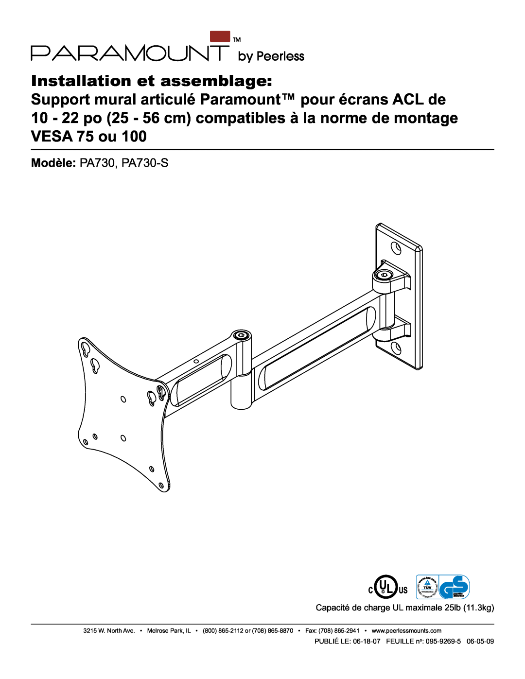 Peerless Industries manual Installation et assemblage, Modèle PA730, PA730-S, C U L Us, 0018 