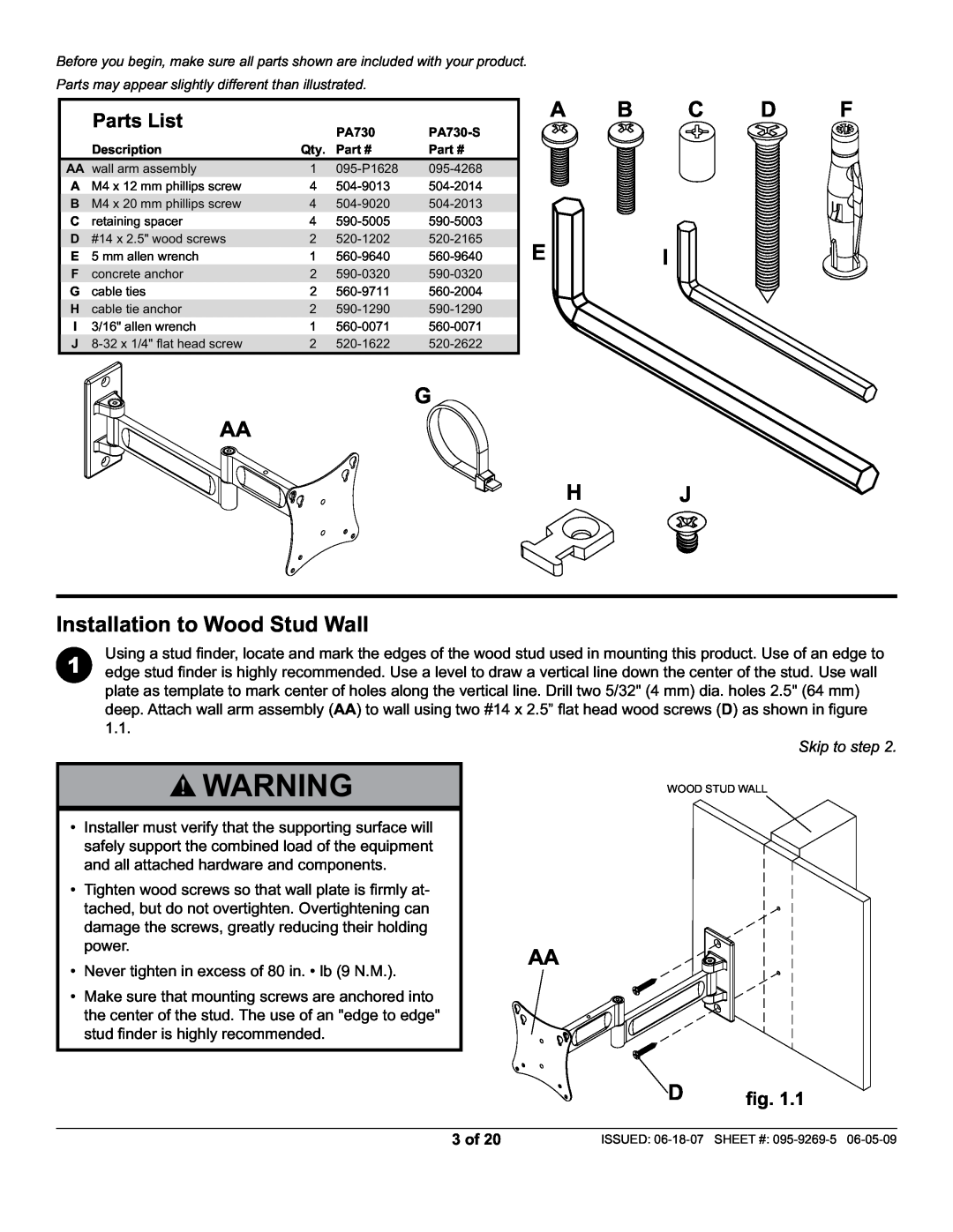 Peerless Industries PA730-S manual G AA H Installation to Wood Stud Wall, B C D F I J, Parts List, Skip to step, 3 of 