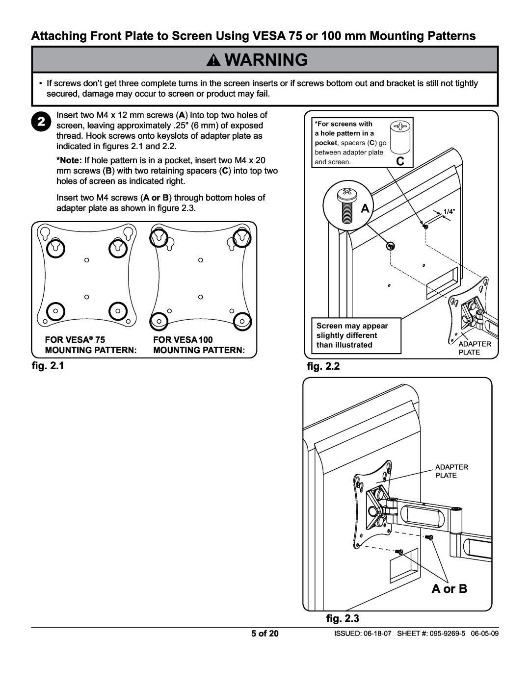 Peerless Industries PA730-S manual A or B, For Vesa, FOR VESA100, Mounting Pattern, 5 of 