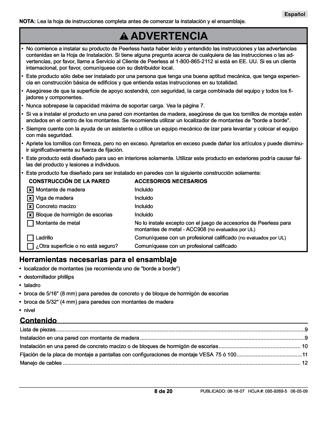 Peerless Industries PA730-S manual Advertencia, Herramientas necesarias para el ensamblaje, Contenido, Español, 8 de 