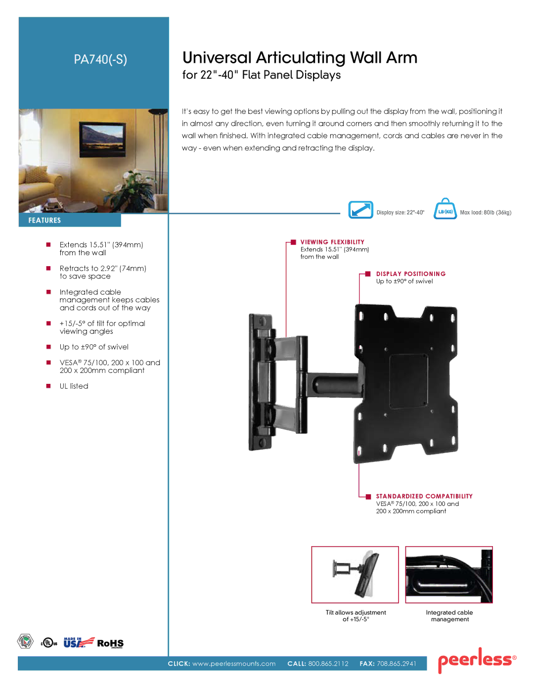 Peerless Industries PA740(-S) manual Universal Articulating Wall Arm 