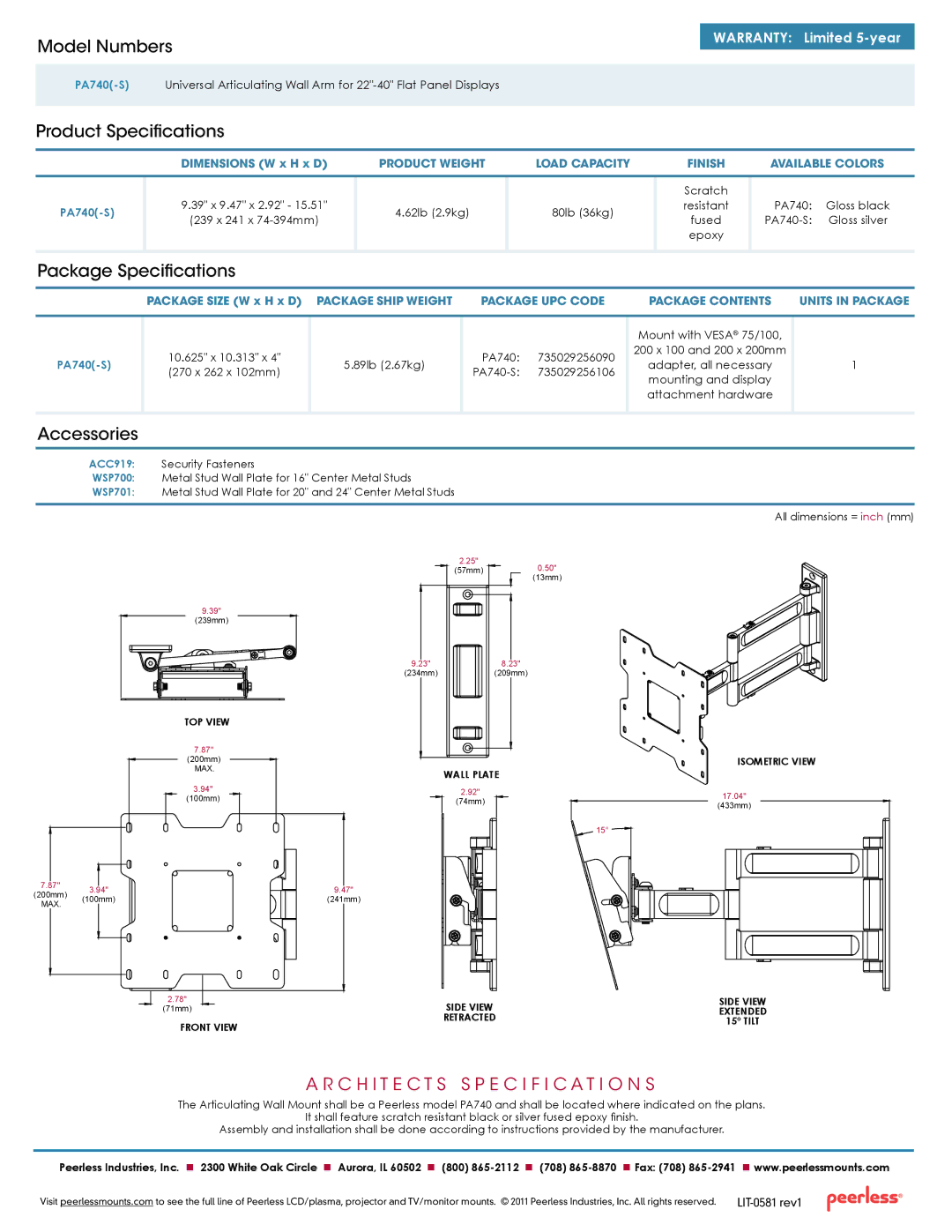 Peerless Industries PA740(-S) manual Model Numbers, Product Specifications, Package Specifications, Accessories 