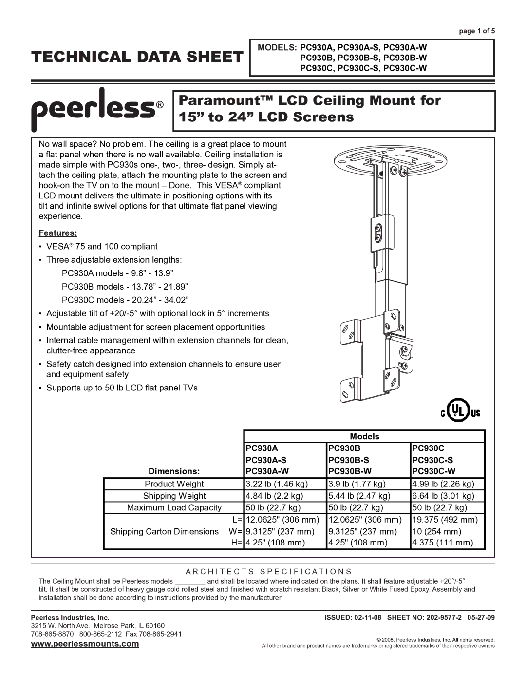 Peerless Industries PC930C-W, PC930B-W, PC930C-S, PC930A-S, PC930B-S, PC930A-W specifications Technical Data Sheet, Features 