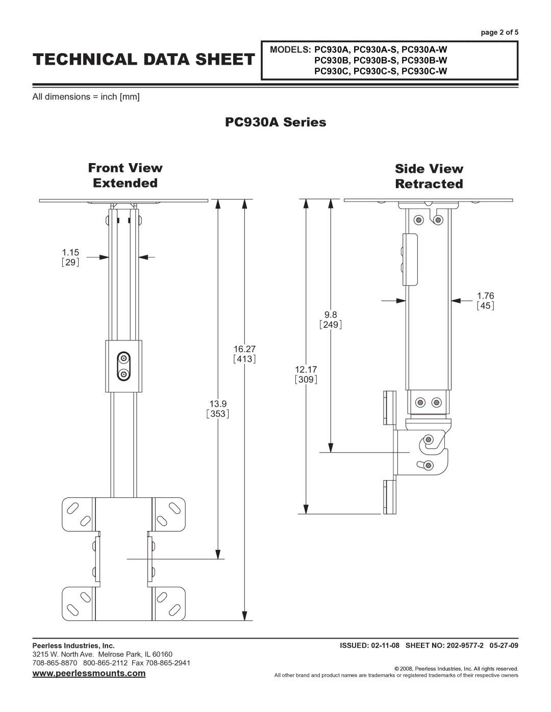 Peerless Industries PC930B-W, PC930C-W, PC930C-S, PC930A-S PC930A Series, Front View Side View Extended Retracted 