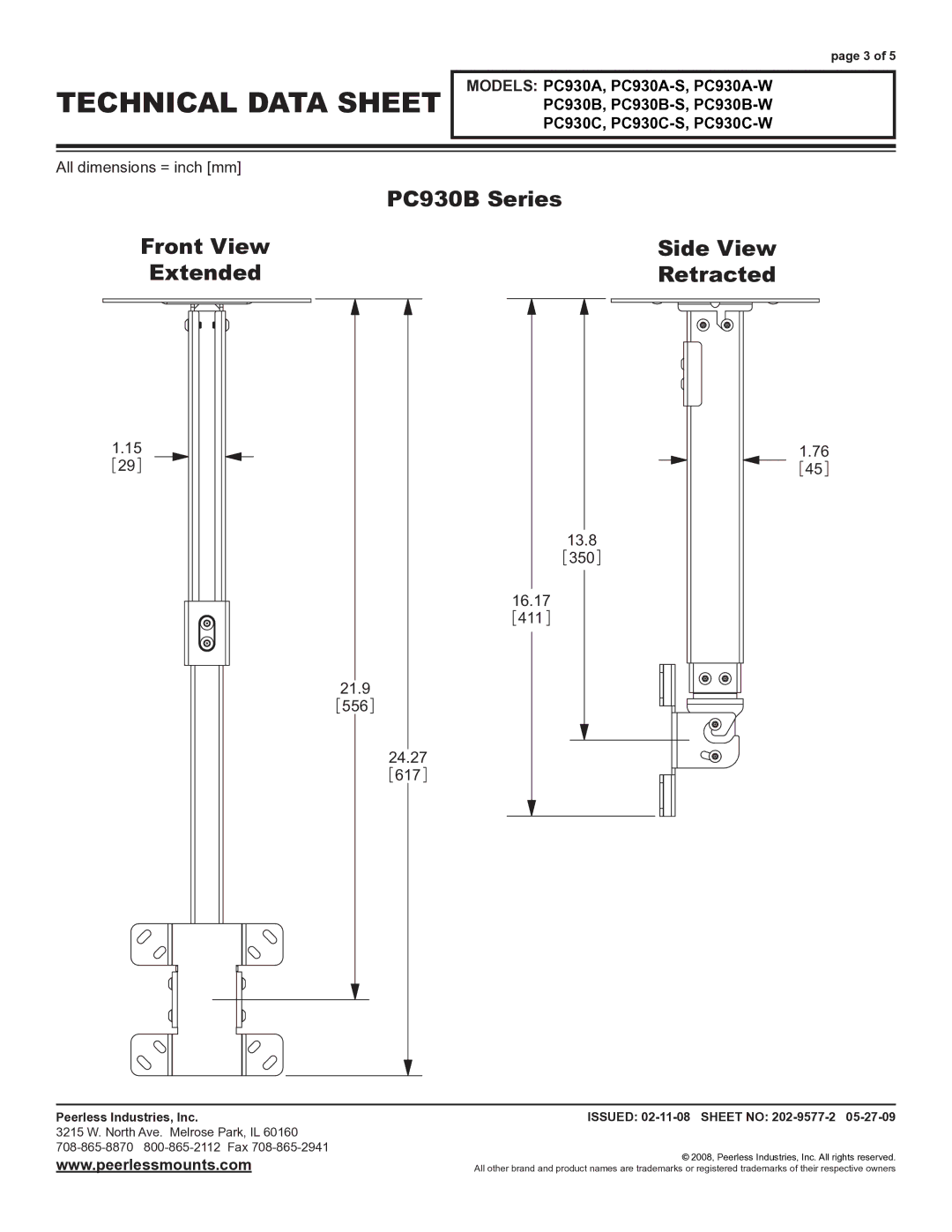 Peerless Industries PC930C-S, PC930B-W, PC930C-W, PC930A-S, PC930B-S, PC930A-W specifications PC930B Series 