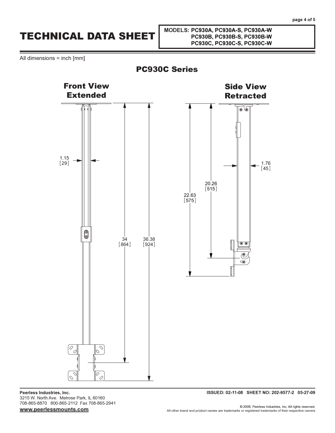 Peerless Industries PC930A-S, PC930B-W, PC930C-W, PC930C-S, PC930B-S, PC930A-W specifications PC930C Series 