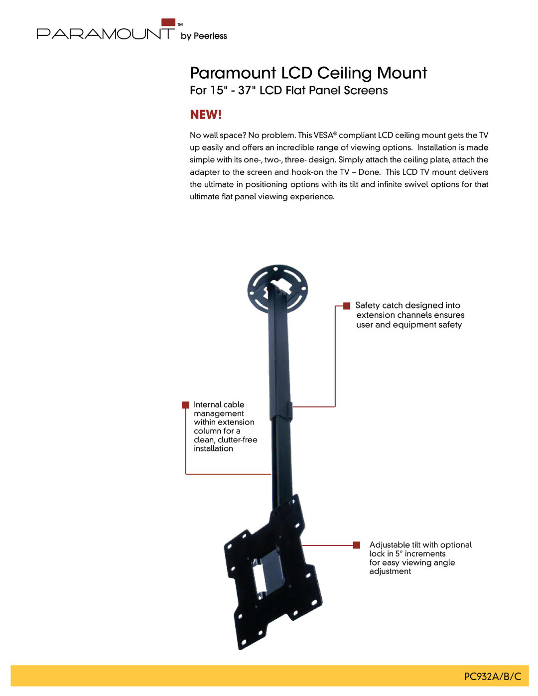 Peerless Industries PC932C, PC932B, PC932A manual Paramount LCD Ceiling Mount, New 