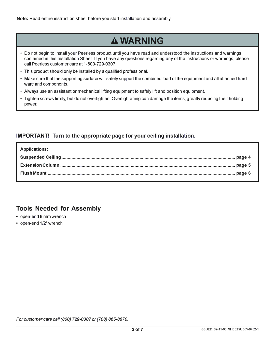 Peerless Industries PE 1120-W manual Tools Needed for Assembly 