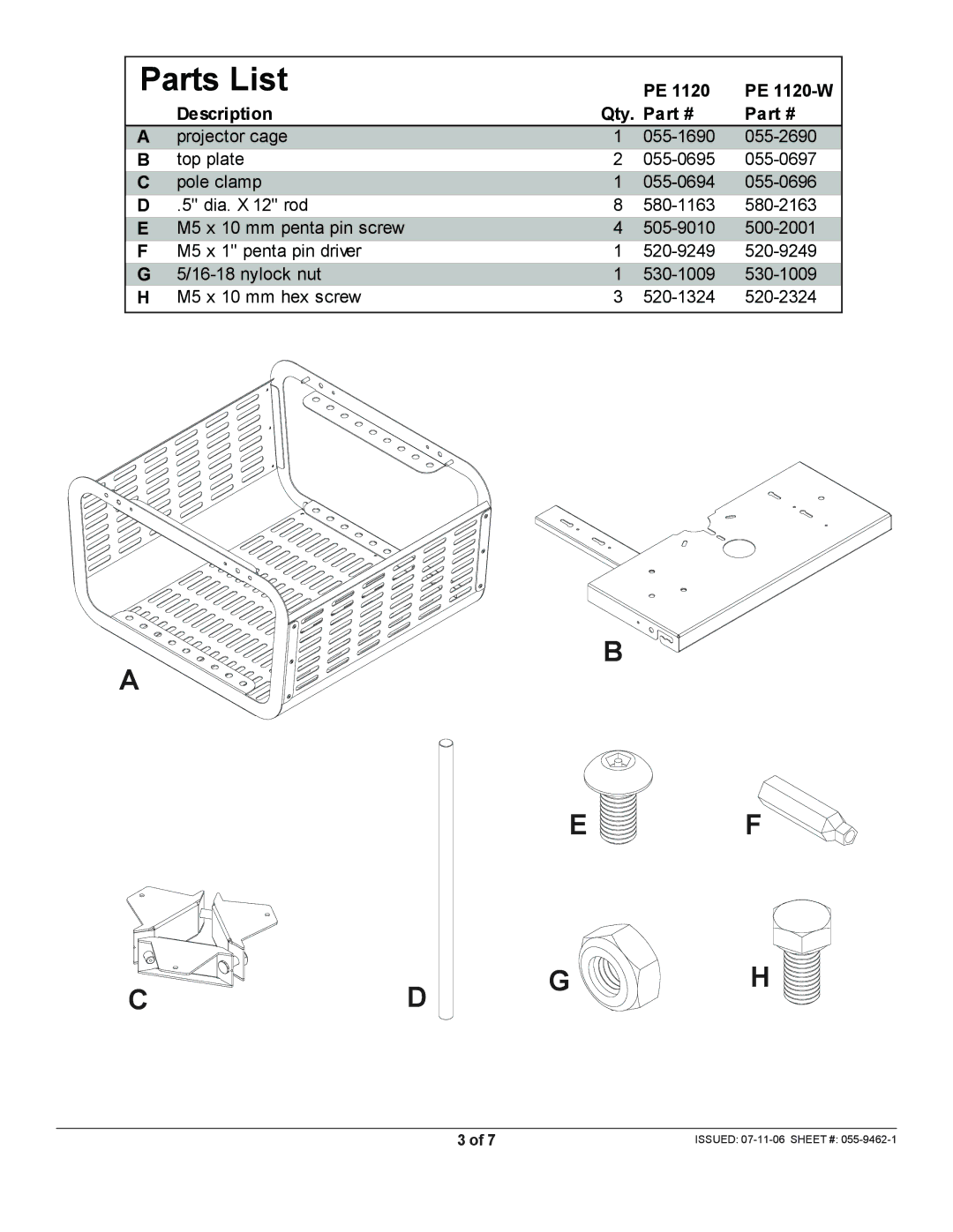 Peerless Industries PE 1120-W manual Parts List, Cd G H 