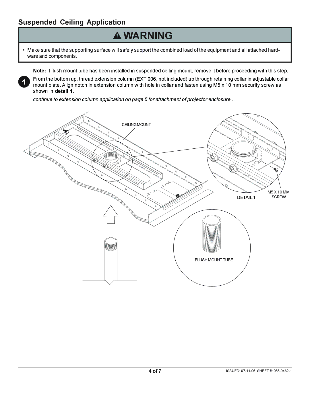 Peerless Industries PE 1120-W manual Suspended Ceiling Application 