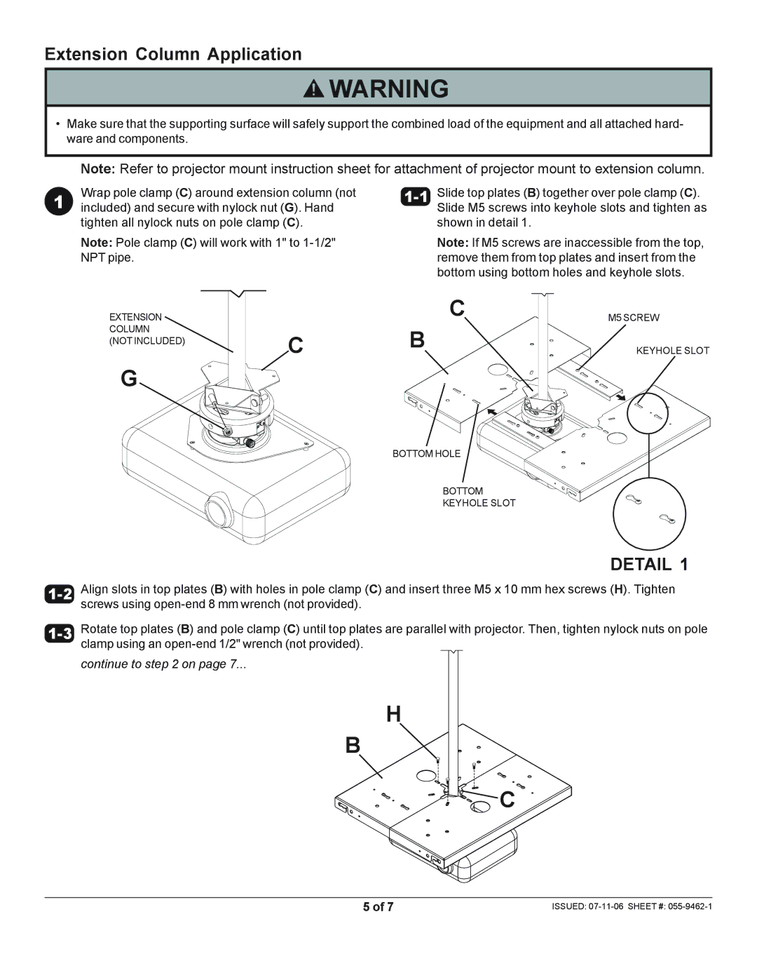 Peerless Industries PE 1120-W manual Extension Column Application, Detail 