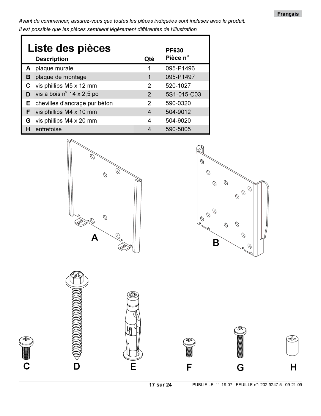 Peerless Industries PF630 manual Liste des pièces, 17 sur 