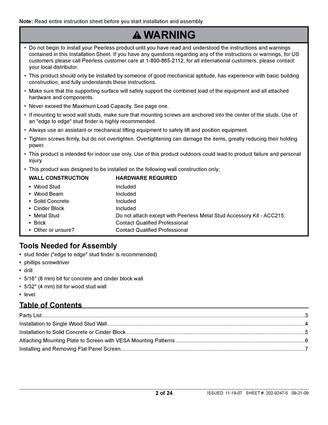 Peerless Industries PF630 manual Tools Needed for Assembly, Table of Contents 