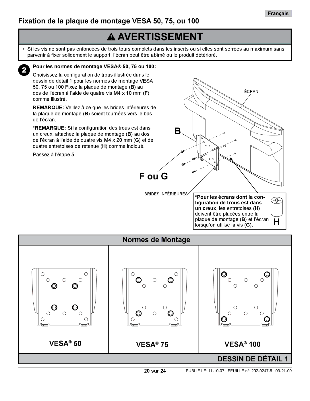 Peerless Industries PF630 manual Fixation de la plaque de montage Vesa 50, 75, ou, Normes de Montage Vesa, 20 sur 