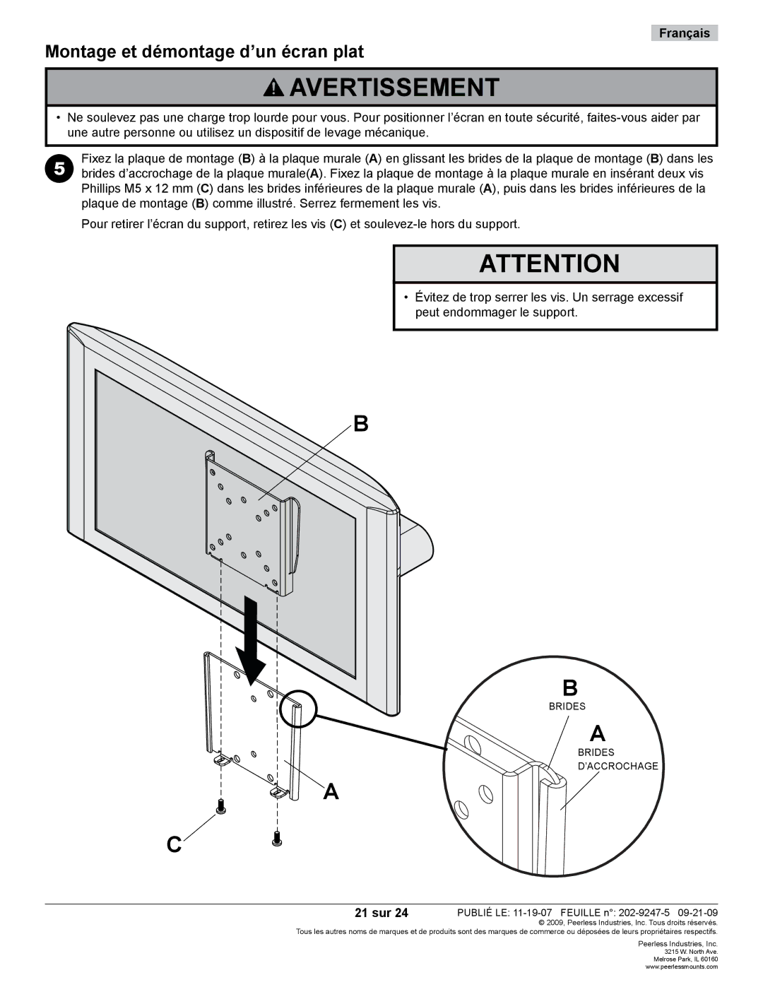 Peerless Industries PF630 manual Montage et démontage d’un écran plat, 21 sur 