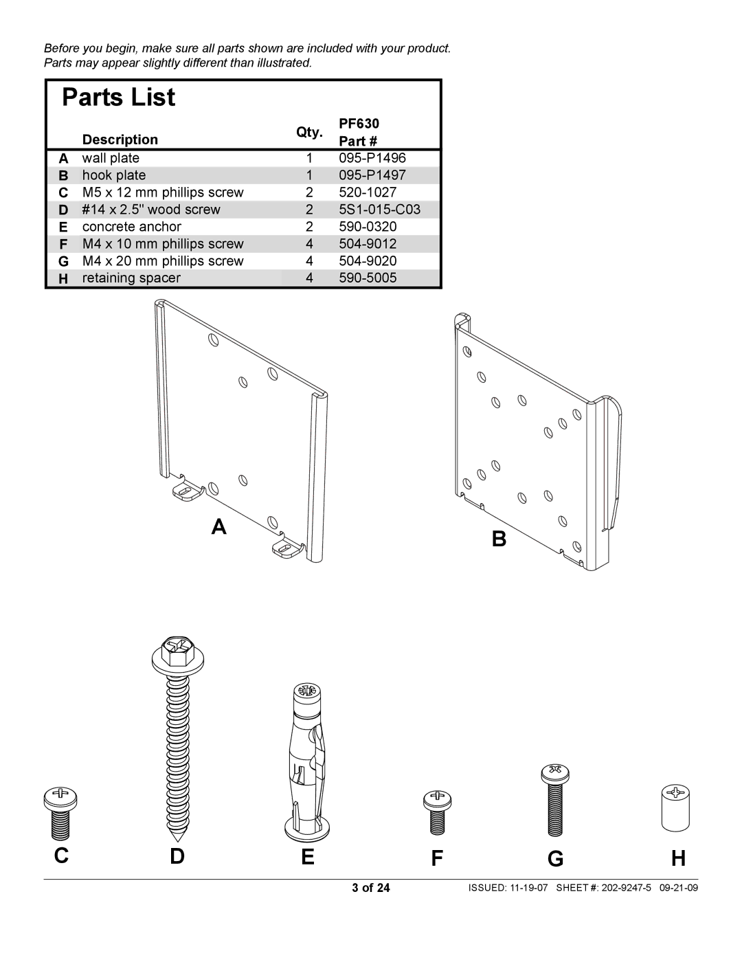 Peerless Industries PF630 manual Parts List 