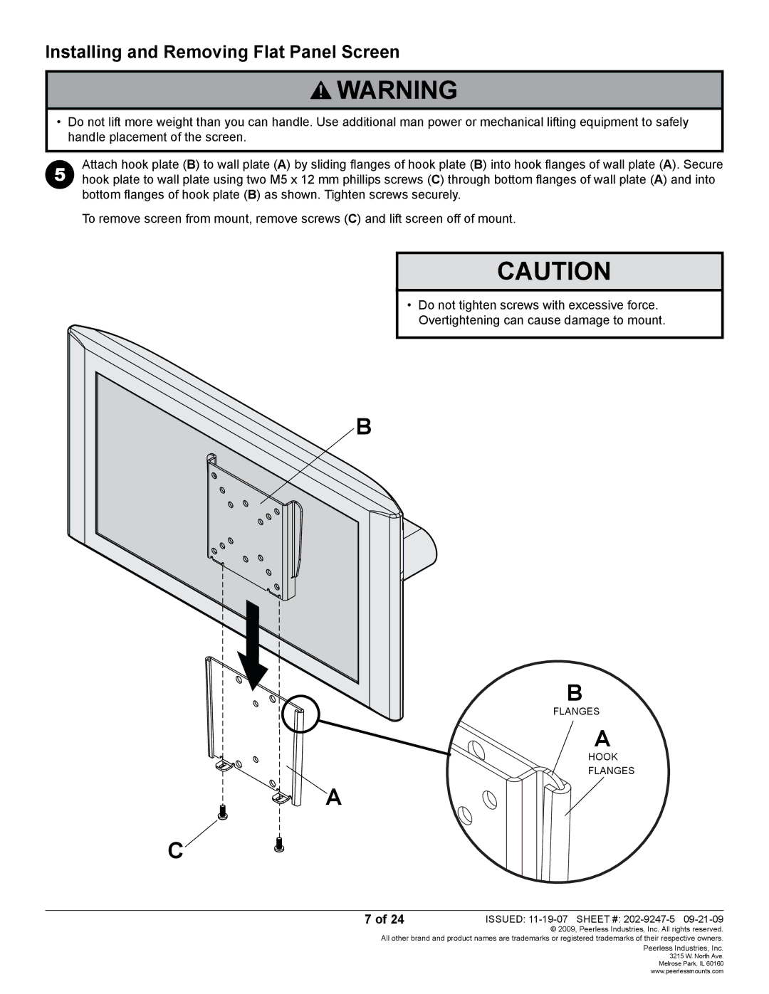 Peerless Industries PF630 manual Installing and Removing Flat Panel Screen, Flanges Hook Issued 11-19-07 Sheet # 202-9247-5 