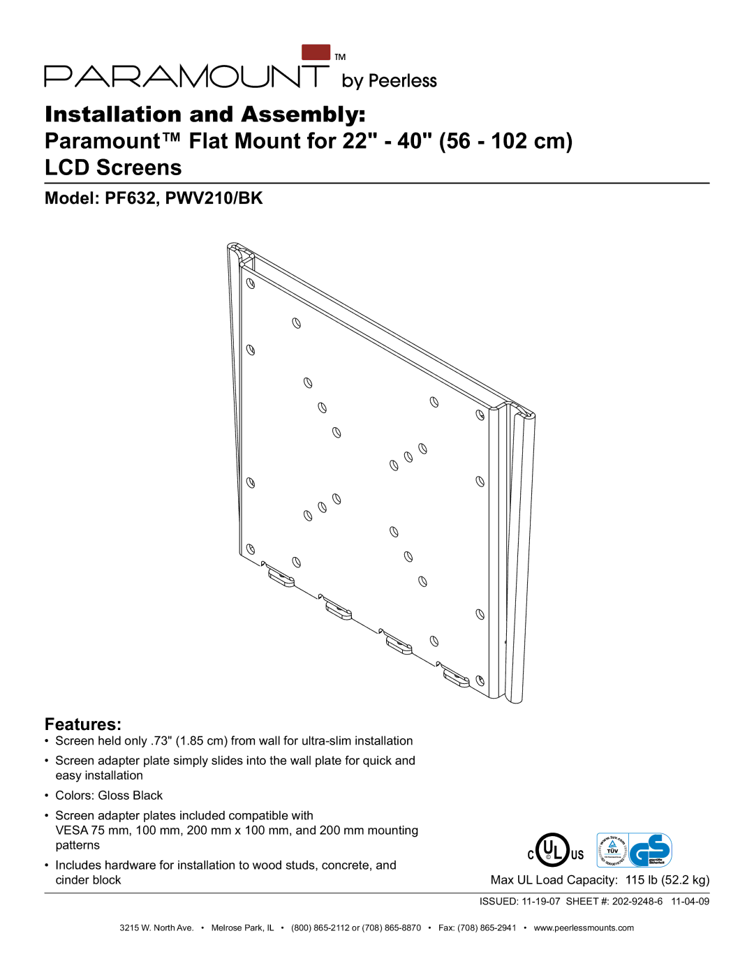 Peerless Industries manual Model PF632, PWV210/BK Features 