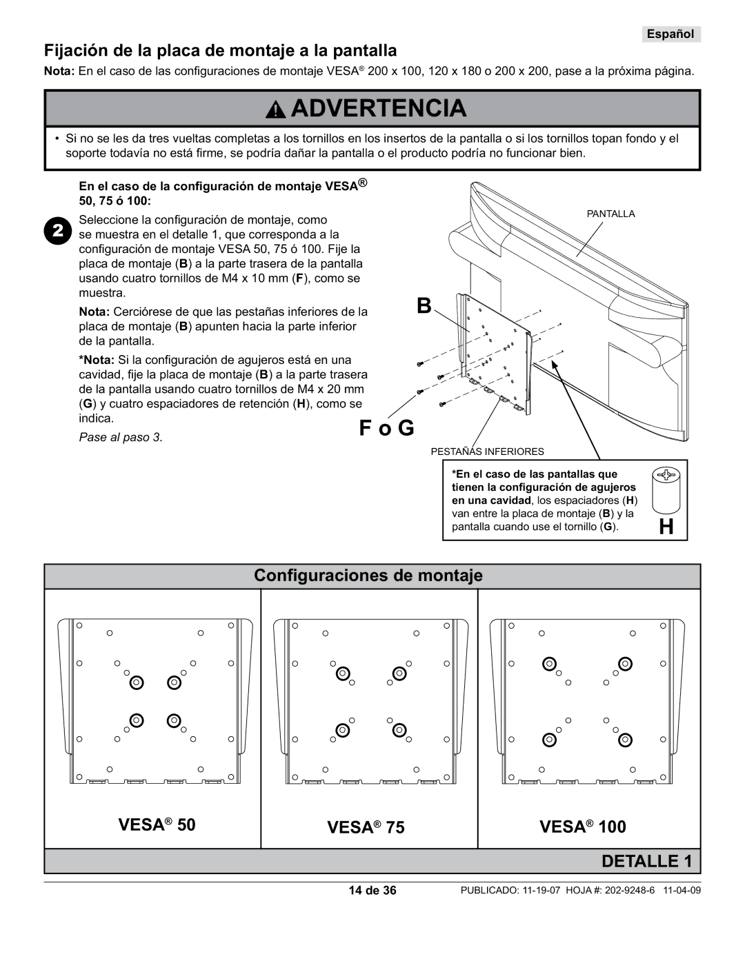 Peerless Industries PF632, PWV210/BK Fijación de la placa de montaje a la pantalla, Conﬁguraciones de montaje Vesa, 14 de 