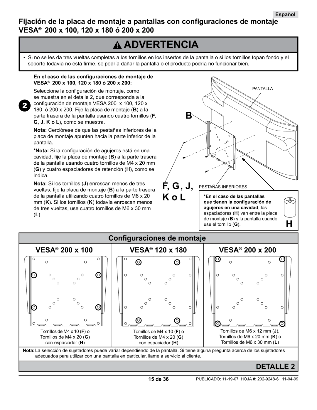 Peerless Industries PWV210/BK, PF632 manual Conﬁguraciones de montaje Vesa 200 x Vesa 120 x, 15 de 