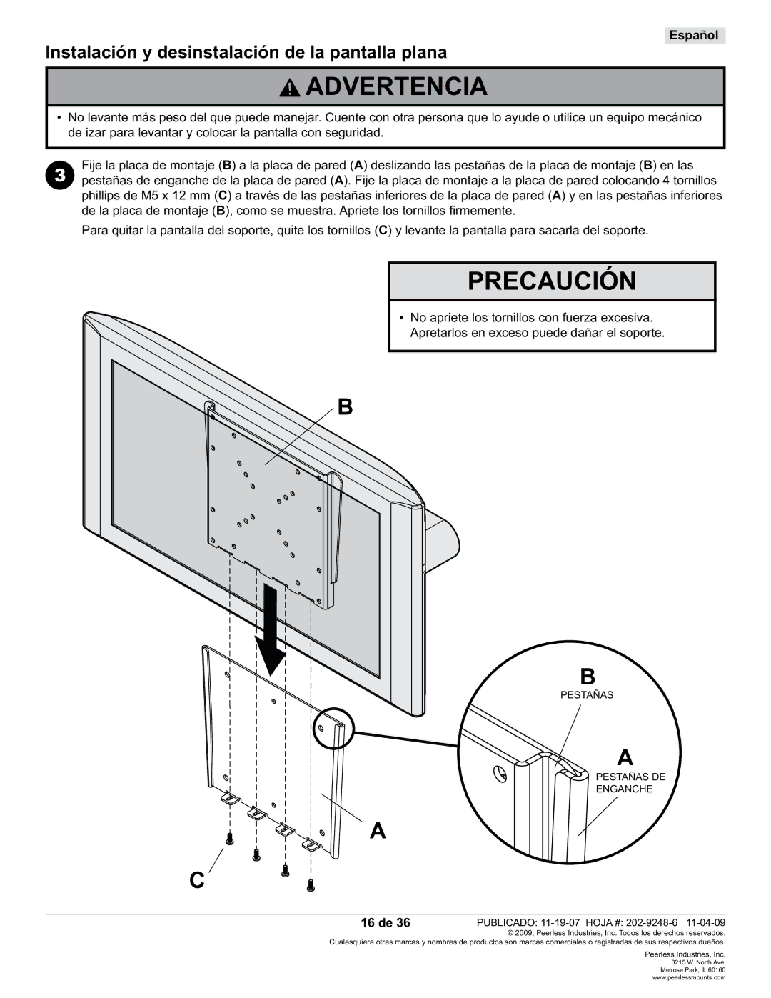 Peerless Industries PF632, PWV210/BK manual Instalación y desinstalación de la pantalla plana, 16 de 