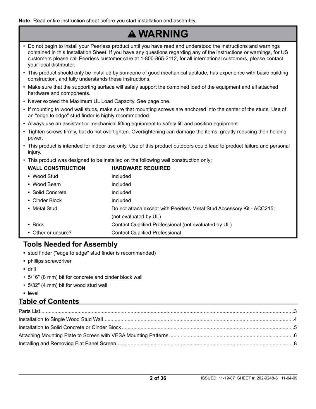 Peerless Industries PF632, PWV210/BK manual Tools Needed for Assembly, Table of Contents 