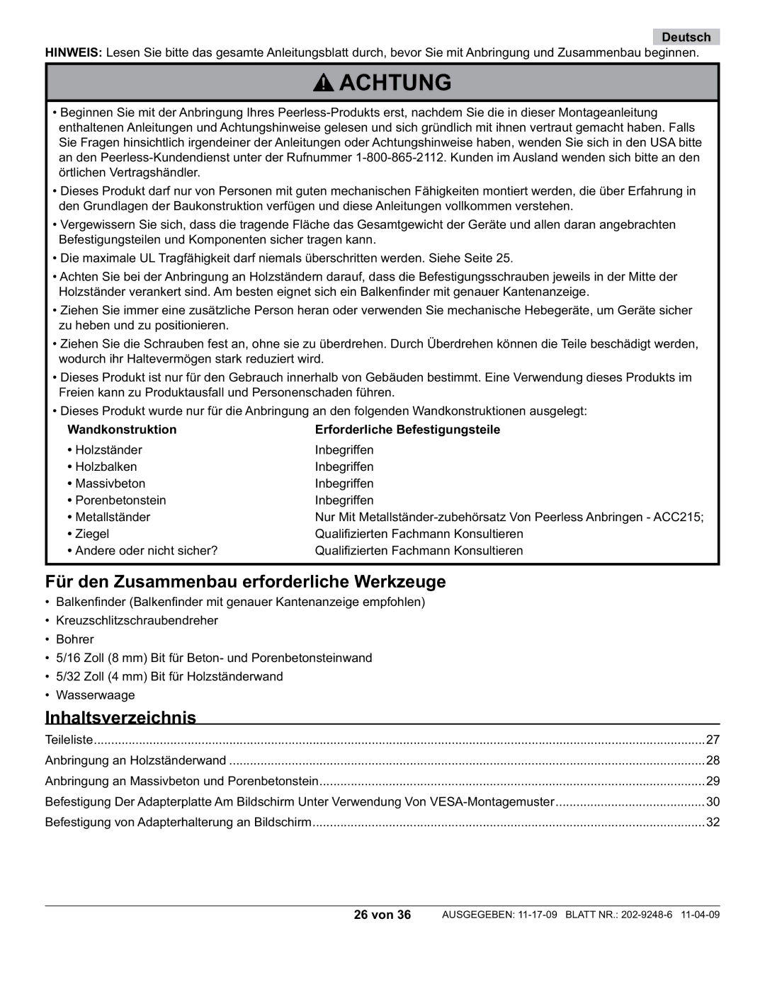 Peerless Industries PF632, PWV210/BK manual Für den Zusammenbau erforderliche Werkzeuge, Inhaltsverzeichnis, Deutsch 