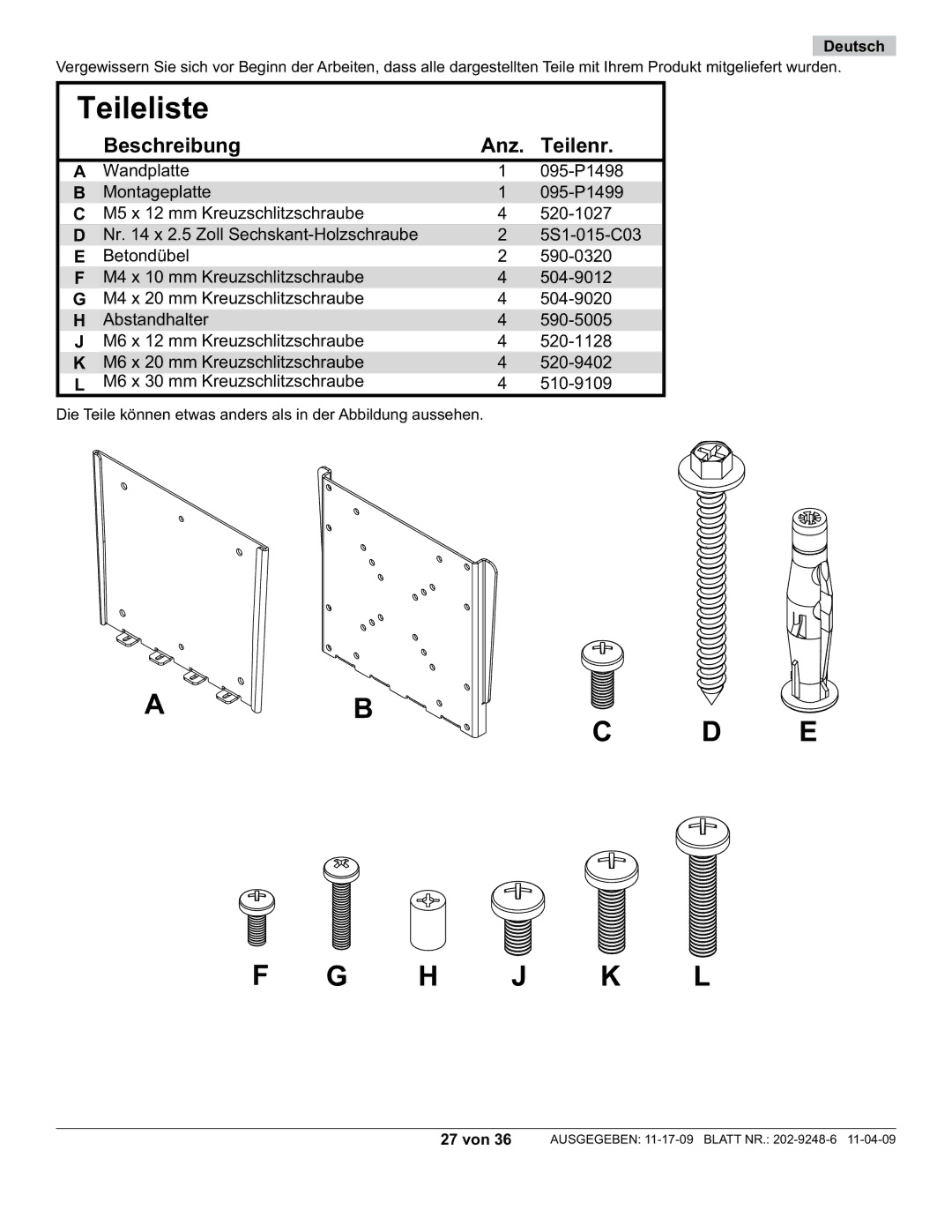 Peerless Industries PWV210/BK, PF632 manual Teileliste 