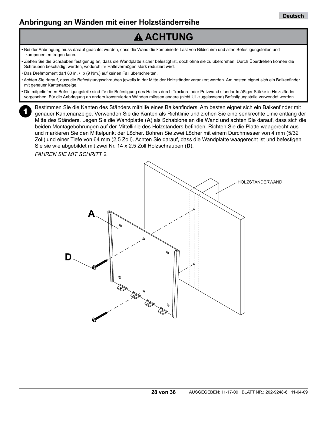 Peerless Industries PF632, PWV210/BK manual Anbringung an Wänden mit einer Holzständerreihe 