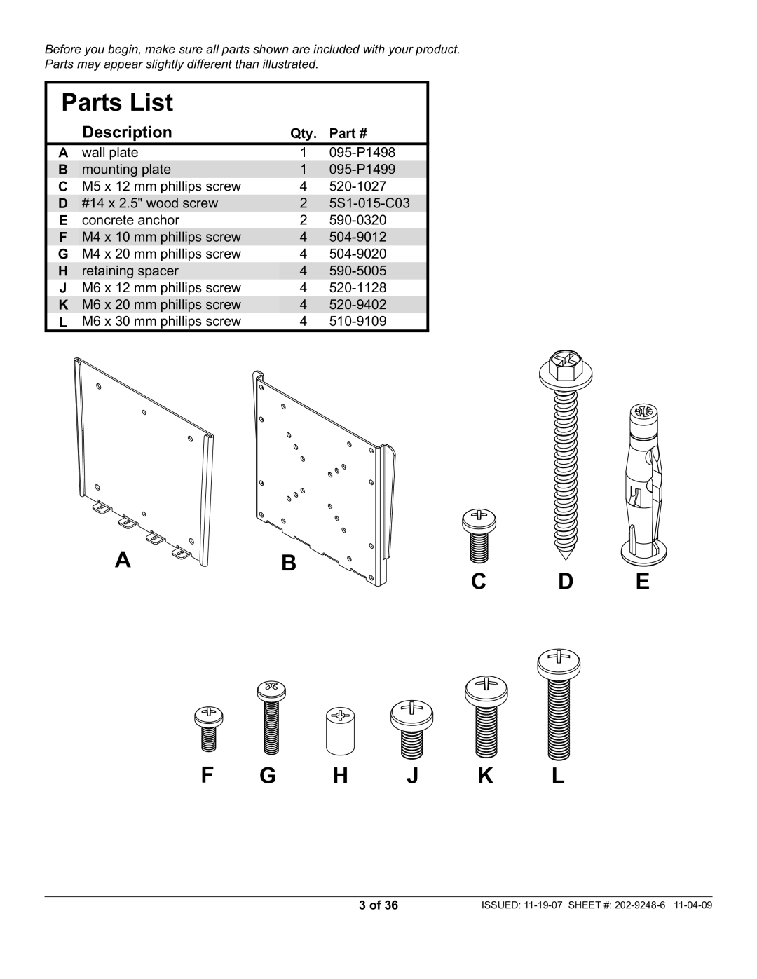 Peerless Industries PWV210/BK, PF632 manual Parts List 