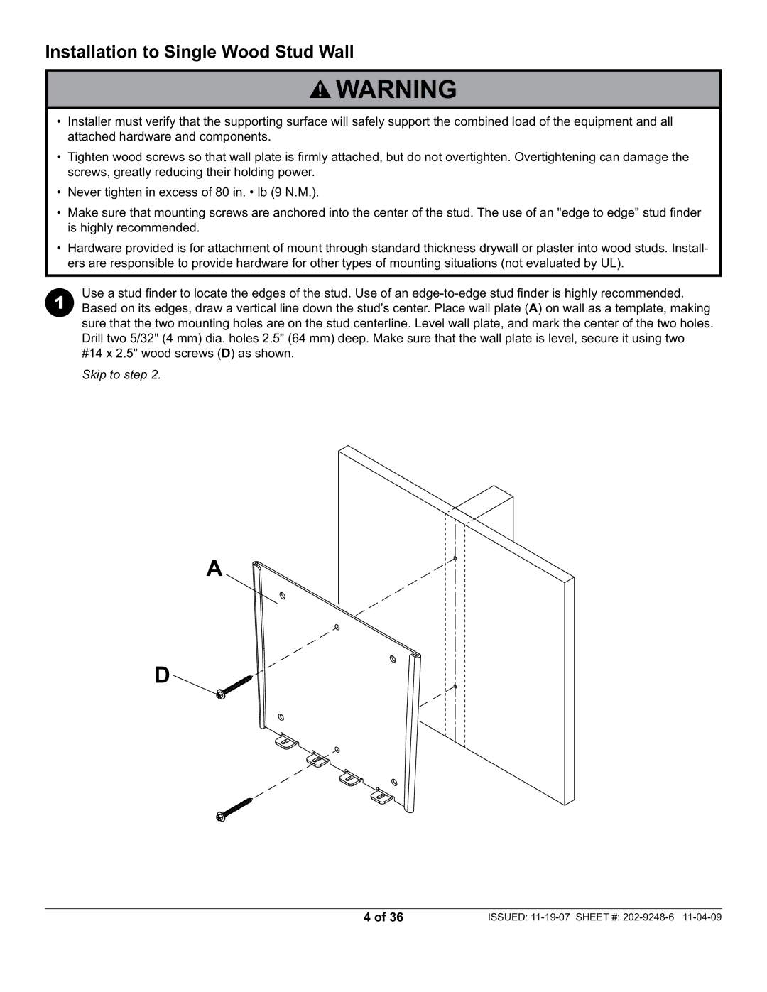 Peerless Industries PF632, PWV210/BK manual Installation to Single Wood Stud Wall 