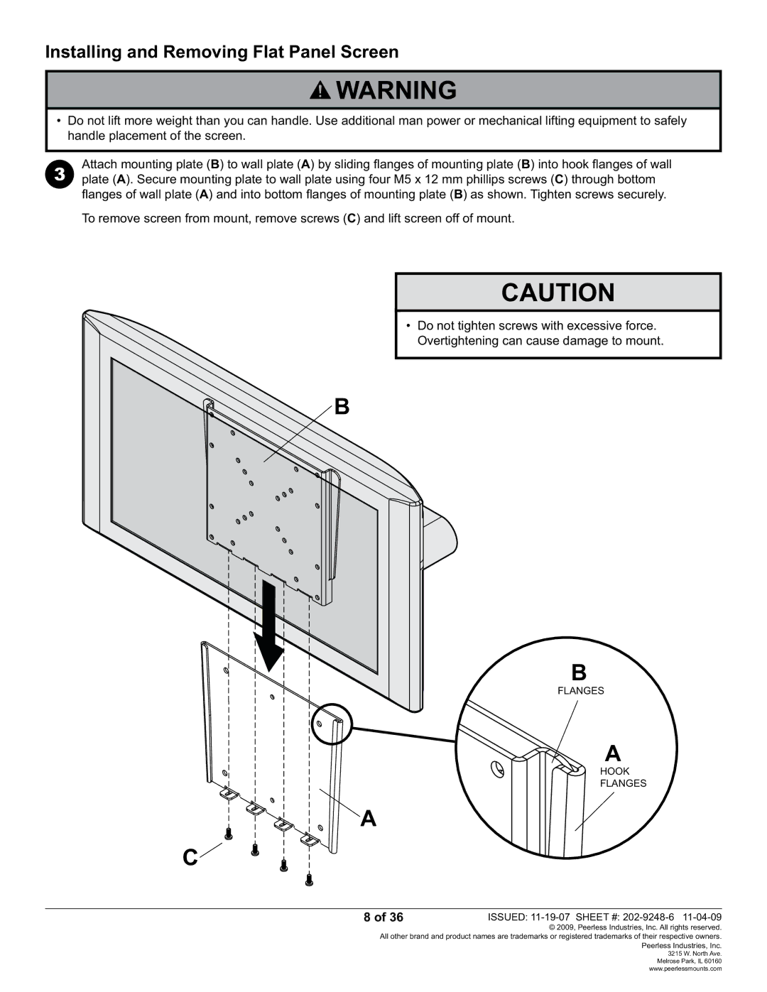 Peerless Industries PF632, PWV210/BK manual Installing and Removing Flat Panel Screen, Flanges Hook 