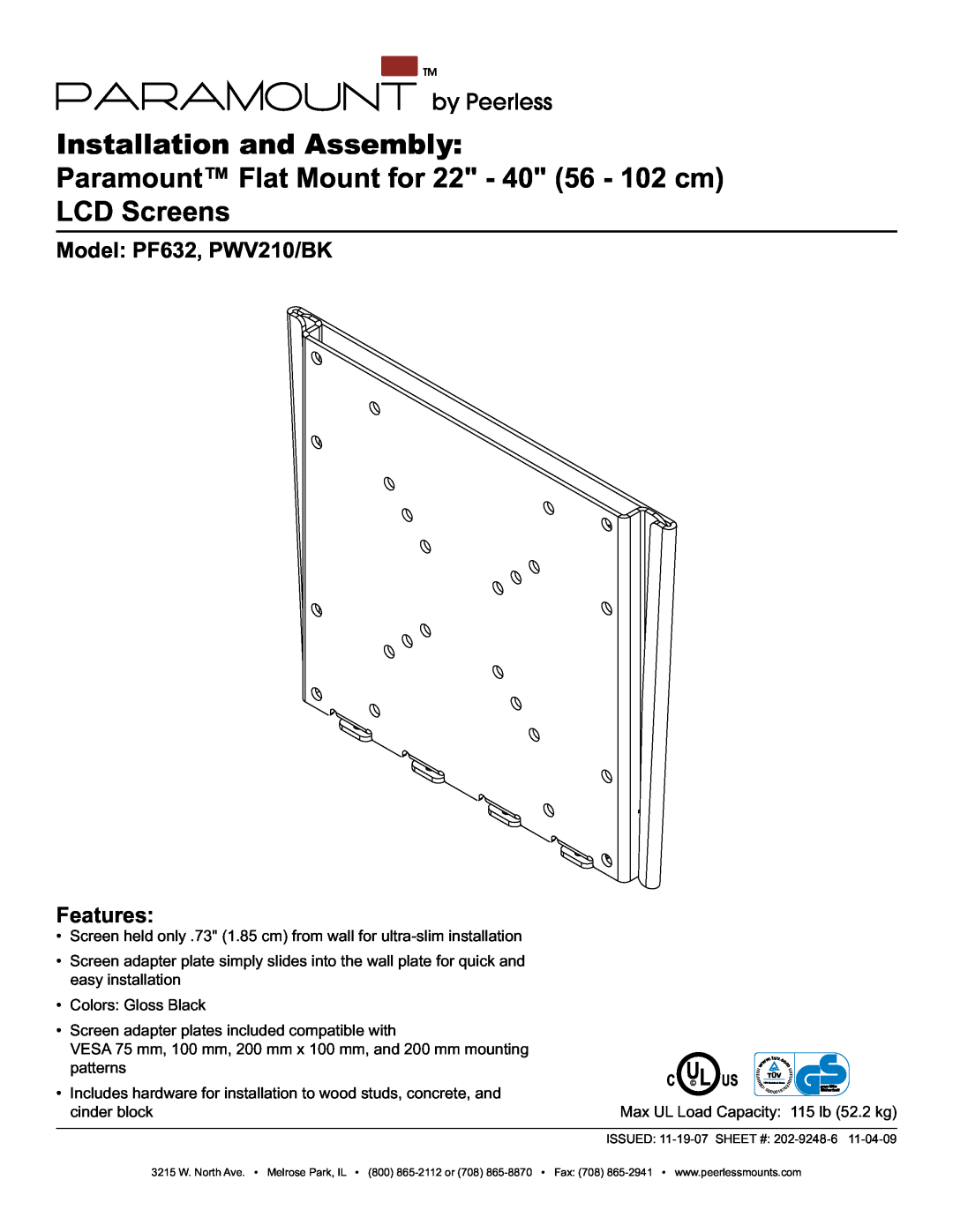 Peerless Industries PWV210/BK manual Installation and Assembly, Paramount Flat Mount for 22 - 40 56 - 102 cm LCD Screens 