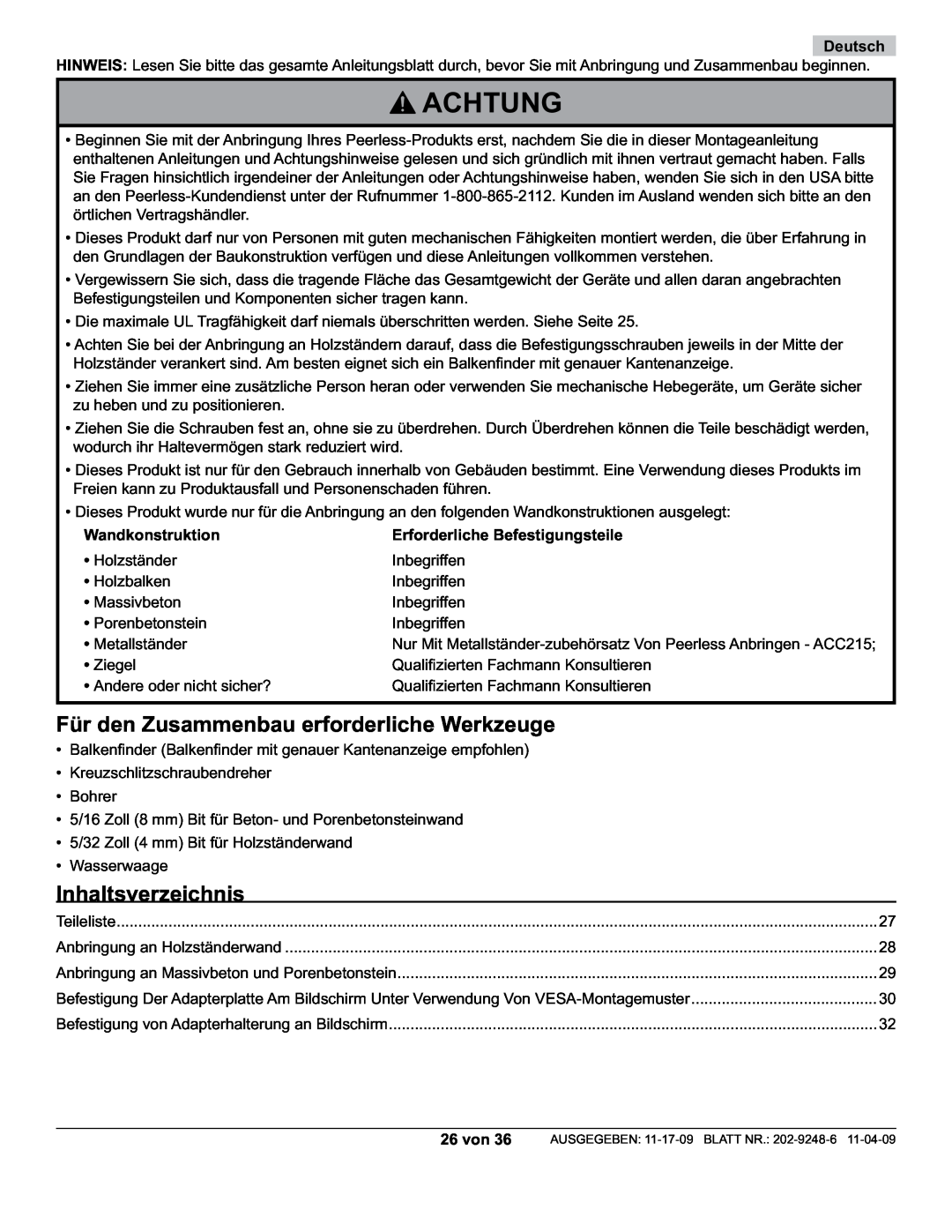 Peerless Industries PF632, PWV210/BK Achtung, Für den Zusammenbau erforderliche Werkzeuge, Inhaltsverzeichnis, Deutsch 