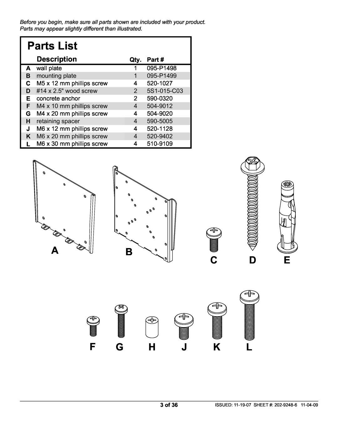 Peerless Industries PWV210/BK, PF632 manual Parts List, A B C D E F G H J K L, Description 