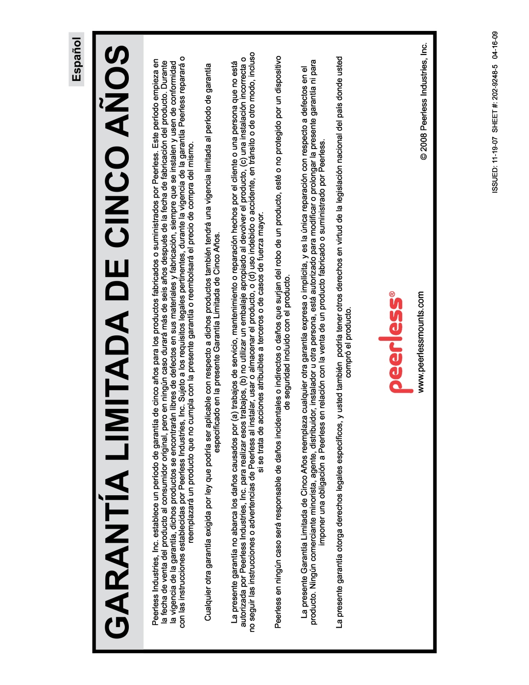 Peerless Industries PF632, PWV210/BK manual Garantía Limitada De Cinco Años, Español 