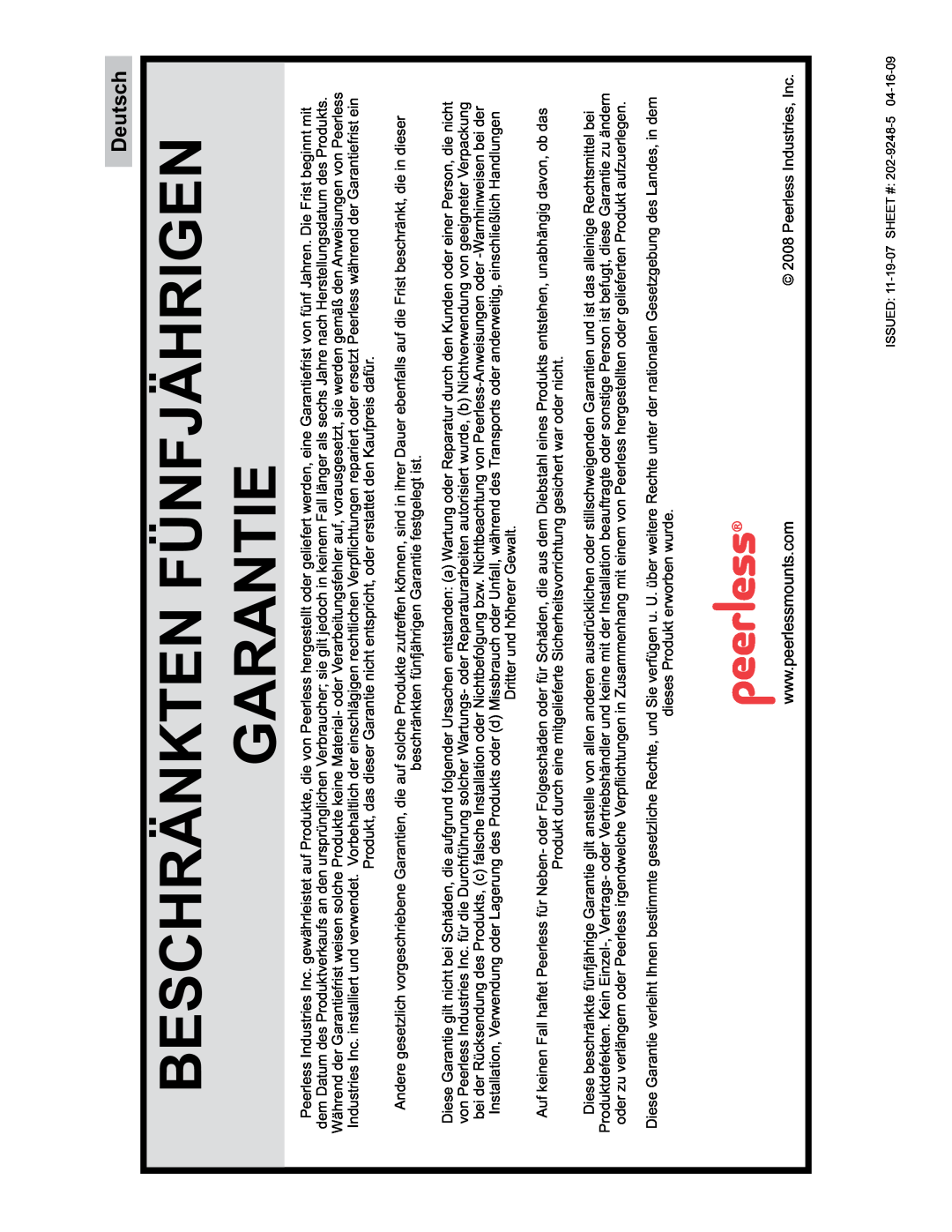 Peerless Industries PF632, PWV210/BK manual Beschränkten Fünfjährigen Garantie, Deutsch 