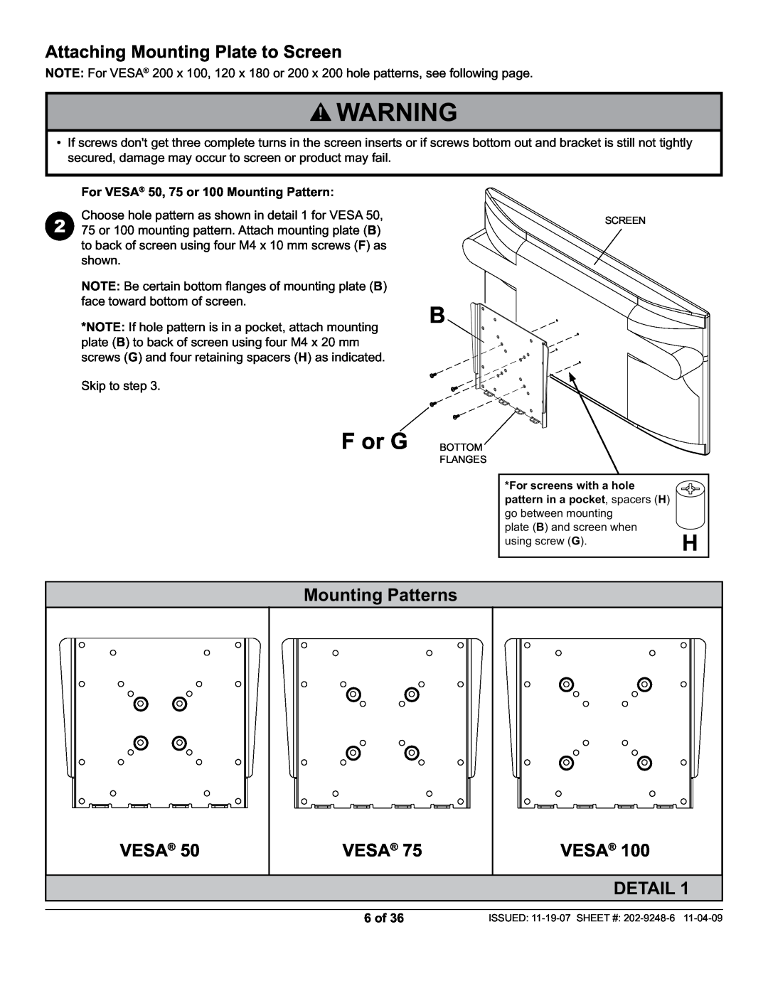 Peerless Industries PF632 manual F or G BOTTOM, Attaching Mounting Plate to Screen, Mounting Patterns, Vesa, Detail, 6 of 