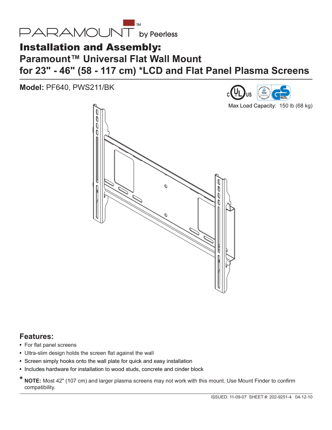 Peerless Industries PWS211, PF640 manual Features 