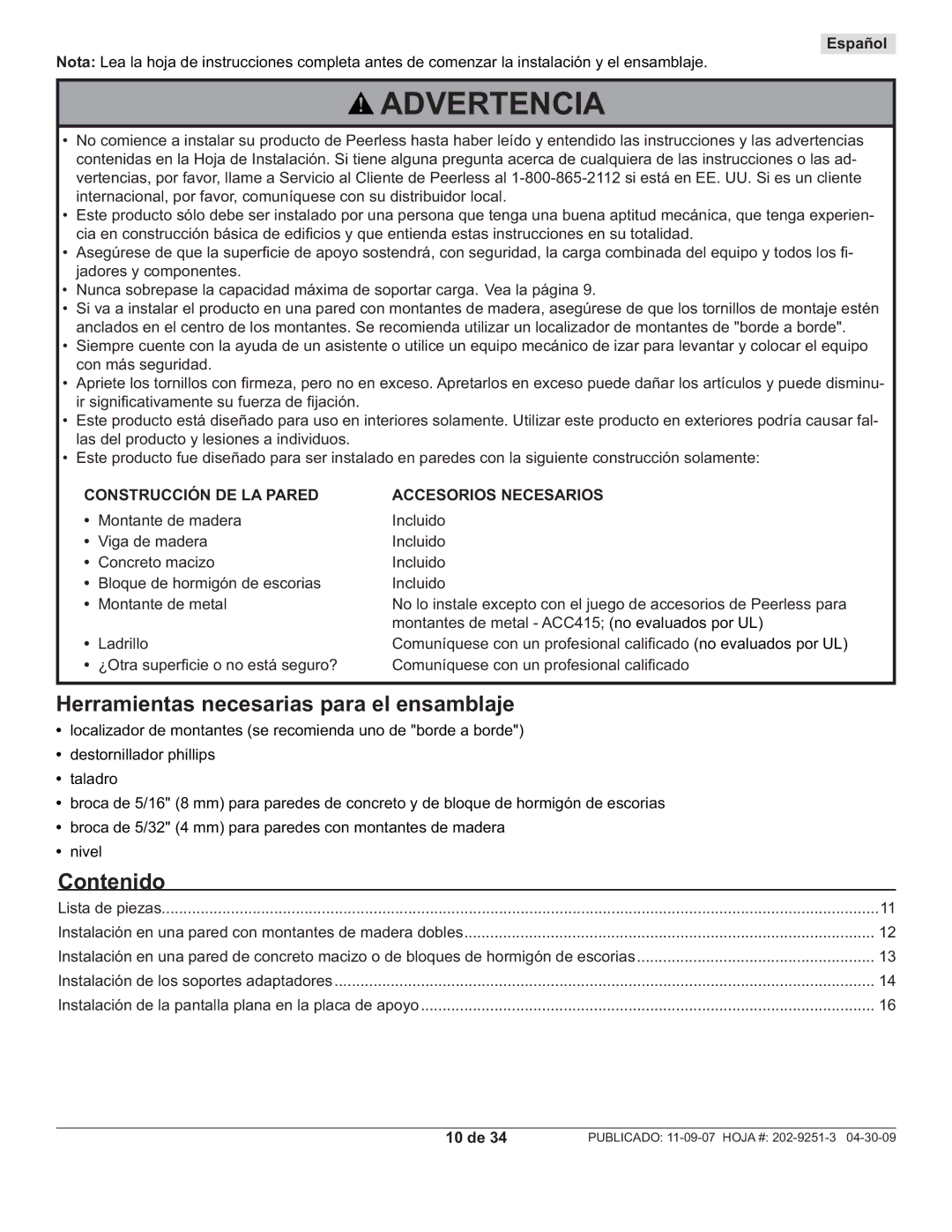 Peerless Industries PF640, PWS211 manual Herramientas necesarias para el ensamblaje, Contenido, Español, 10 de 