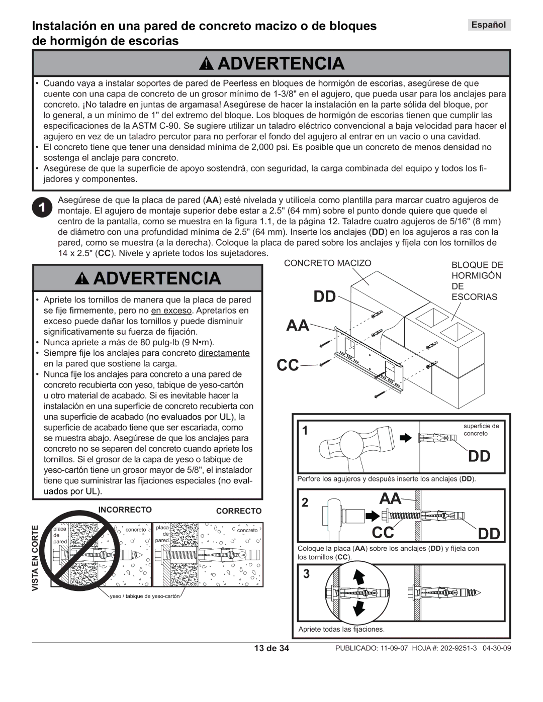 Peerless Industries PWS211, PF640 manual Concreto Macizo Bloque DE Hormigón Escorias, 13 de 