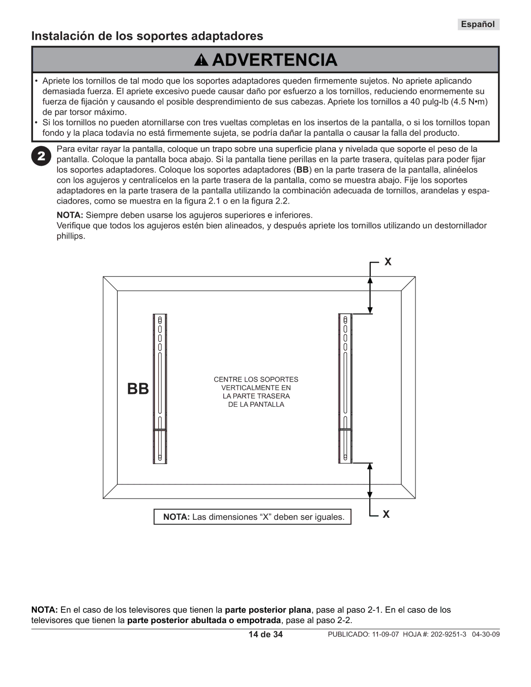 Peerless Industries PF640, PWS211 manual Instalación de los soportes adaptadores, 14 de 