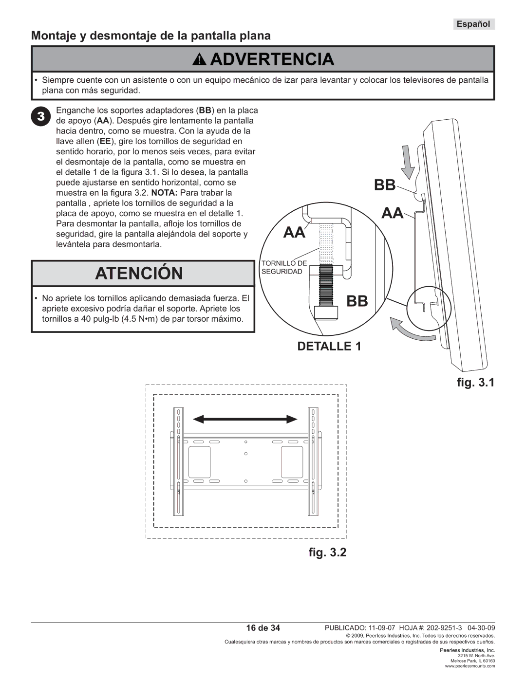 Peerless Industries PF640, PWS211 manual Montaje y desmontaje de la pantalla plana, 16 de 