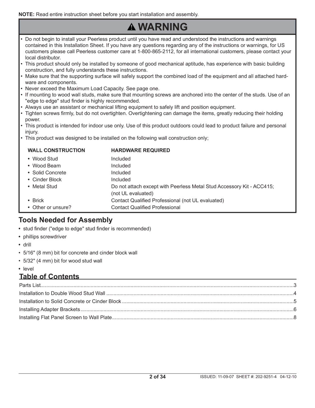 Peerless Industries PF640, PWS211 manual Tools Needed for Assembly, Table of Contents 