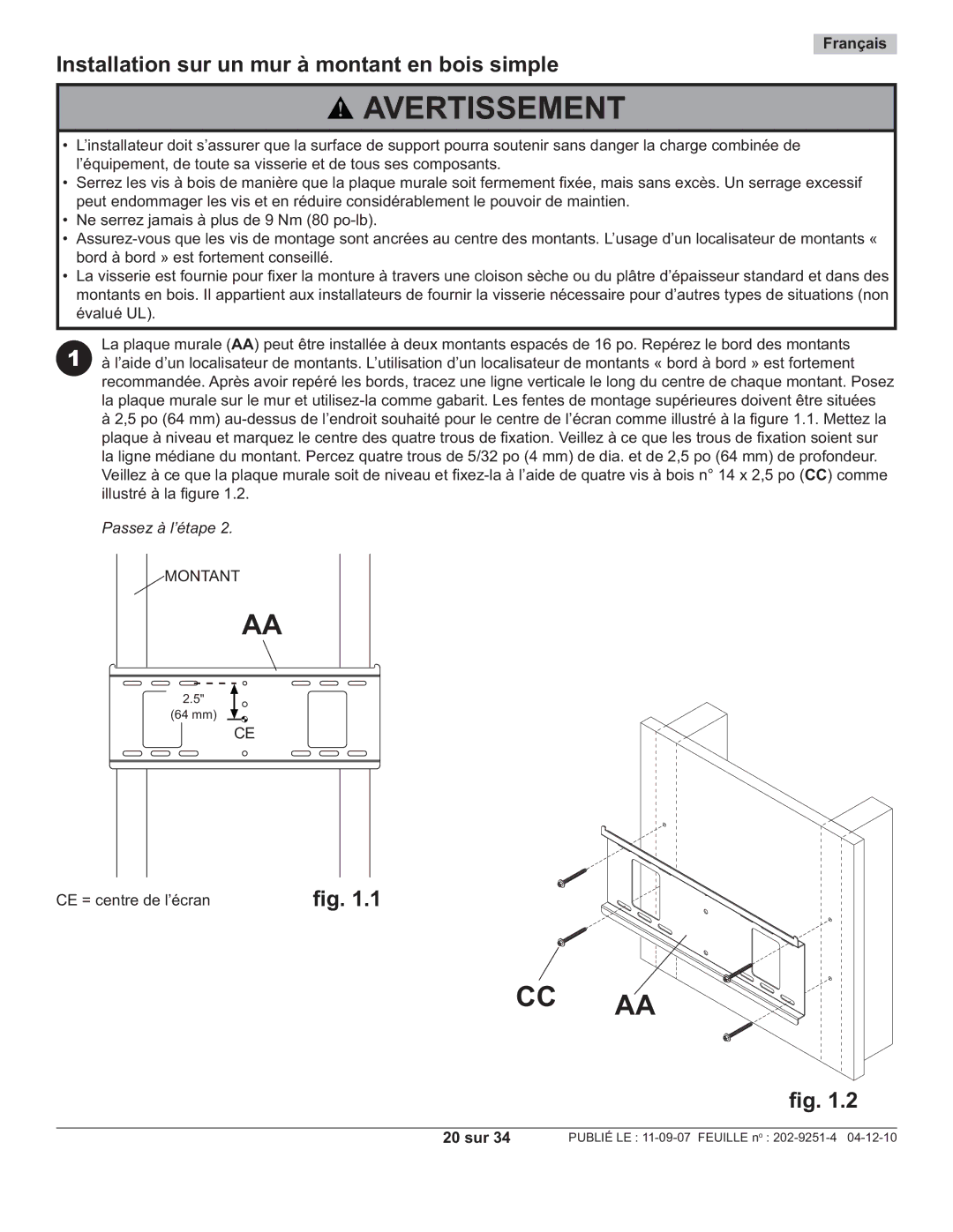 Peerless Industries PF640, PWS211 manual Installation sur un mur à montant en bois simple, Montant, 20 sur 