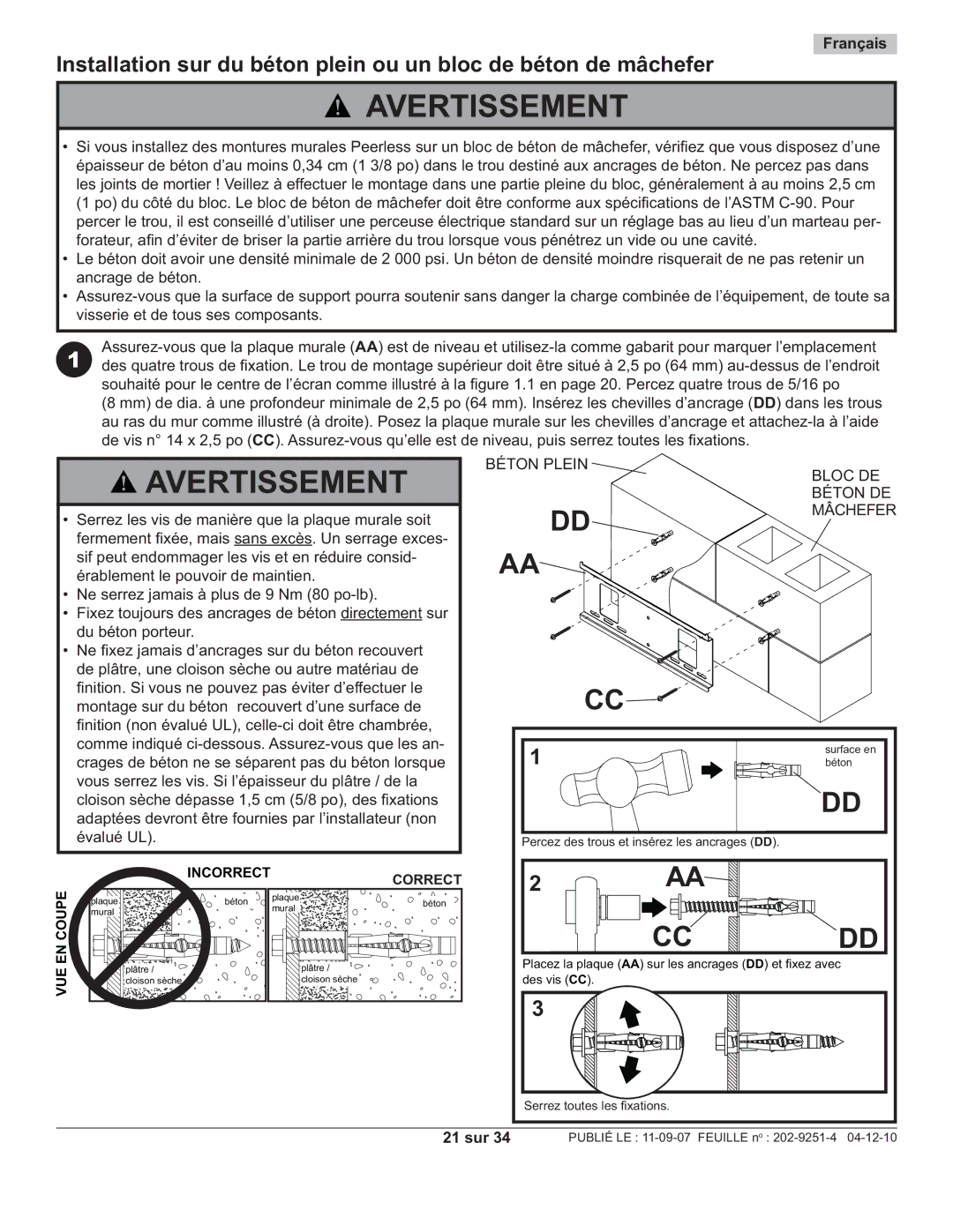 Peerless Industries PWS211, PF640 manual Béton Plein Bloc DE Béton DE Mâchefer, 21 sur 